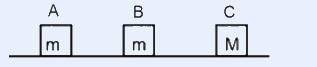 Three rectangular blocks on a horizontal line (ground). From left to right: block labelled 'm', a gap, block labelled 'm', a gap, block labelled 'M'. The two left blocks have equal small width; the right block M is drawn slightly larger.