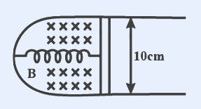 A horizontal conducting strip (rod) of length 10 cm rides on a U-shaped wire frame open to the right; the closed left end of the U connects to a coiled spring (shown as a helix) anchored at left. The region around the strip is a uniform magnetic field B directed into the page (rows of x marks above and below the strip), labelled B. A vertical double-headed arrow at right marks the field-region height as 10 cm.