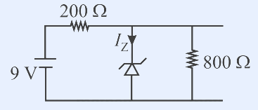 Voltage-regulator circuit. A 9 V battery on the left. From its positive terminal a series resistor 200Ω leads to the top node. From the top node down the middle branch is a Zener diode (with its characteristic bent-bar zener symbol, cathode up) carrying current I_z (downward arrow labelled I_z). In parallel to the right is a load resistor 800Ω. The bottom rail returns to the battery negative terminal.