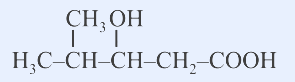Condensed structural formula drawn: a five-carbon chain H3C-CH-CH-CH2-COOH; the second carbon (from the H3C end) bears a vertical bond up to a CH3 group, and the third carbon bears a vertical bond up to an OH group. Overall H3C-CH(CH3)-CH(OH)-CH2-COOH.