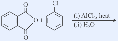 Phthalic anhydride (benzene ring fused to a five-membered cyclic anhydride with two C=O and a bridging O) plus a benzene ring bearing a Cl substituent; reaction conditions written as '(i) AlCl3, heat' and '(ii) H2O' over and under the arrow.