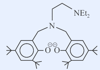 A multidentate ligand: a central tertiary nitrogen atom bearing a -CH2CH2-N(Et)2 (diethylamino-ethyl) arm and connected through two methylene chains to two ortho-substituted phenol rings (each ring drawn with a tert-butyl-type substituent at the top). The two phenolic oxygens (drawn as O with lone pairs near the centre) and two nitrogen atoms act as donor sites, giving a tetradentate N2O2 chelating ligand.