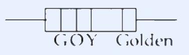 A horizontal carbon resistor (cylindrical body with axial leads on both sides) carrying four colour bands. Reading left to right the bands are labelled G O Y Golden (Green, Orange, Yellow, Gold).