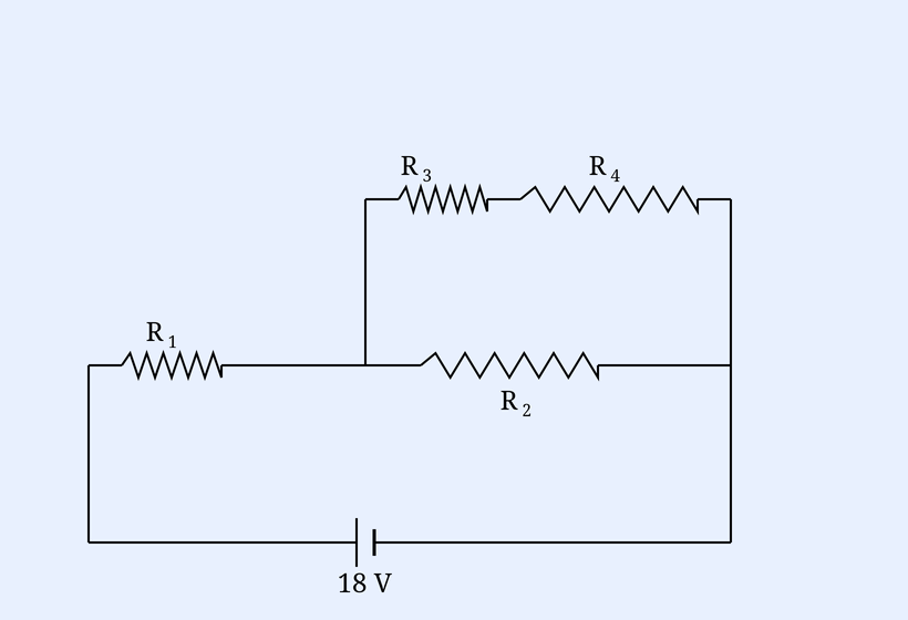 DC circuit. An 18 V cell at the bottom drives current up the left side. The top branch has R3 then R4 in series (R3 left, R4 right, drawn across the top). R1 is on the left vertical arm in series with the supply. R2 is a vertical resistor in the middle of the circuit, in parallel with the series combination of R3 and R4. An ideal voltmeter reads 5 V across R4.