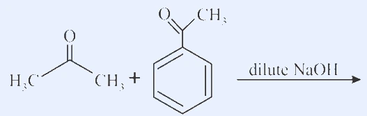 Acetone plus acetophenone (benzene ring bearing a CO-CH3), arrow labelled dilute NaOH.
