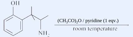 Benzene with ortho phenol OH and a gem-dimethyl benzylic carbon linked to CH(CH3)NH2; arrow (CH3CO)2O / pyridine (1 eqv.), RT.