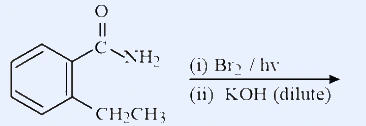 Benzene with ortho C(=O)NH2 and CH2CH3; arrow (i) Br2/hv (ii) KOH dilute.