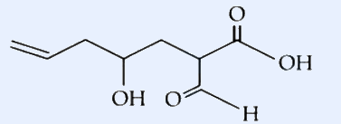 Skeletal structure of an open-chain compound read left to right: a terminal CH2=CH- vinyl group (double bond at the chain end), then a CH2, then a carbon bearing an -OH (hydroxyl) drawn below the chain, then a CH2, then a CH carbon bearing a -CHO (formyl, C=O with H drawn below) substituent, and the chain ends in a -COOH (carboxylic acid, C=O with OH) group at top right. Seven carbons in the main chain: C1=COOH, C2 bears CHO, C4 bears OH, C6=C7 double bond at the terminal end.