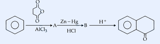 Reaction scheme: benzene ring + succinic anhydride (drawn as a five-membered cyclic anhydride: ring of two C=O groups and one ring O) over AlCl3 gives intermediate A; A over Zn-Hg / HCl gives B; B over H+ gives the final product drawn as a fused bicyclic ring system (decalin/naphthalene-type two fused six-membered rings, one ring aromatic) bearing a single ketone C=O on the saturated ring (1-tetralone-type structure).