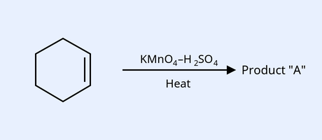 Reaction scheme: cyclohexene (a six-membered carbon ring with one C=C double bond drawn on the right edge of the ring) over the arrow reagents KMnO4 - H2SO4 with Heat below the arrow, giving Product 'A'.