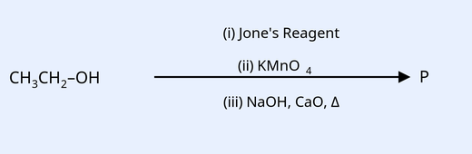 Reaction scheme drawn as: CH3CH2-OH with a horizontal arrow to product P; above the arrow '(i) Jone's Reagent', below the arrow '(ii) KMnO4', and on a third line below '(iii) NaOH, CaO, triangle (delta/heat)'. The (iii) step appears below the main arrow line.