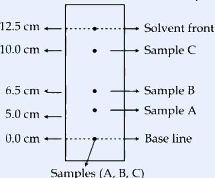 Paper chromatography diagram: a vertical rectangular strip with a dashed horizontal line at top labelled 'Solvent front' at 12.5 cm, a dot at 10.0 cm labelled 'Sample C', a dot at 6.5 cm labelled 'Sample B', a dot at 5.0 cm labelled 'Sample A', and a dashed horizontal line at 0.0 cm labelled 'Base line'. Below the strip 'Samples (A, B, C)' and caption 'Fig : Paper chromatography of Samples'. Vertical scale marks on the left at 0.0, 5.0, 6.5, 10.0, 12.5 cm.