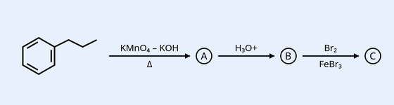Reaction sequence: a benzene ring with an n-propyl side chain (CH2CH2CH3) on the left; arrow 1 labelled 'KMnO4 - KOH' above and 'triangle (delta)' below to product circled (A); arrow 2 labelled 'H3O+' to product circled (B); arrow 3 labelled 'Br2' above and 'FeBr3' below to product circled (C). Asks the number of pi bonds in product C.