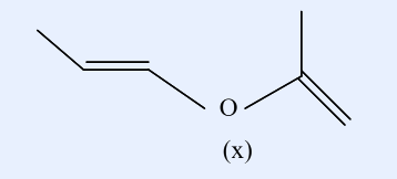 Molecule (x): an unsymmetrical enol ether with a (E)-propen-1-yl group (CH_3-CH=CH-) on the left joined through a central O atom to an isopropenyl group (CH_2=C(CH_3)-) on the right; label (x) below the central O.