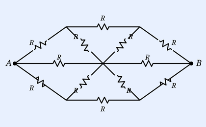 A regular hexagon with six outer edges each a resistor r and six spokes from each corner to the central node, each spoke also a resistor r. Terminal A is at the left corner and terminal B at the opposite right corner. Every wire is drawn as a resistor symbol labelled R.