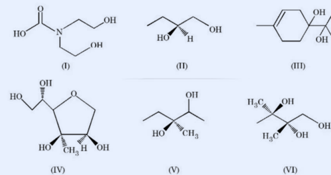 Six labelled organic skeletal structures (I)-(VI), each bearing one or more hydroxyl (OH) groups, arranged in two rows of three; the question asks how many contain at least one secondary alcohol.
