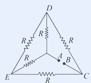 Equilateral triangle D-E-C with R on each edge; R from D to central node A and R from E to B; terminals A and B.