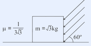 Block of mass sqrt(3) kg on a rough horizontal surface (mu=1/(3 sqrt3)); critical force applied at 60 degrees to the vertical face.