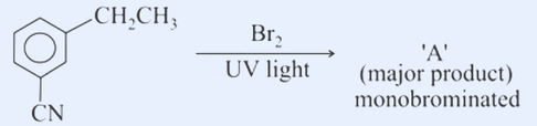 3-ethylbenzonitrile reacting with Br2/UV to a monobrominated product.