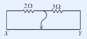 Metre-bridge circuit as a rectangular loop. The top side has two resistors in series, 2 ohm on the left and 3 ohm on the right, meeting at a central junction. From that junction a jockey contact (wavy line) runs down to the bottom wire XY, with X at the bottom-left and Y at the bottom-right.