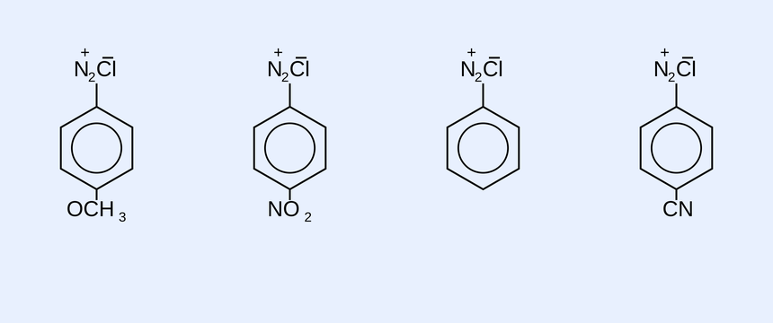 Four benzenediazonium chloride structures drawn in a row, each a benzene ring with a diazonium group at the top and labelled A, B, C, D by para substituent: A has para-OCH3, B has para-NO2, C is unsubstituted, D has para-CN.