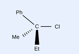 A wedge-dash structure of a chiral carbon bonded to four different groups: a phenyl (Ph) group on a plain bond, a methyl (Me) group on a hashed (dashed) bond, a chlorine (Cl) on a plain horizontal bond, and an ethyl (Et) group on a bold wedge bond.