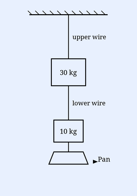 Two vertical wires attached end to end from a hatched ceiling: the upper wire suspends a 30 kg block, the lower wire connects that block to a 10 kg block, beneath which a pan is hung and labelled 'Pan' with an arrow.