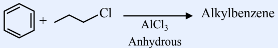 Benzene + n-propyl chloride (CH3-CH2-CH2-Cl) in the presence of anhydrous AlCl3 produces an alkylbenzene.