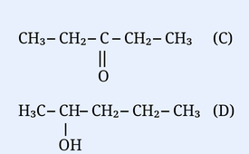 Two drawn condensed structural formulas for compounds (C) and (D). (C) is pentan-3-one: a horizontal chain CH3-CH2-C-CH2-CH3 where the central carbon (C) has a C=O group drawn with a double bond pointing down to an O. (D) is pentan-2-ol: a horizontal chain H3C-CH-CH2-CH2-CH3 where the second carbon (CH) bears an OH group drawn below it. Labels '(C)' and '(D)' precede the respective structures.