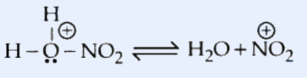 Statement I reaction scheme: a protonated nitric-acid intermediate on the left, drawn as H-O-NO2 where the oxygen bears a positive charge (circled plus) and an H drawn above it (H on top, bonded to O, the O carries a circled + and two lone-pair dots), i.e. H2O(+)-NO2. A double-headed equilibrium arrow points to the right to the products H2O + NO2 with NO2 carrying a circled positive charge (nitronium ion NO2+).