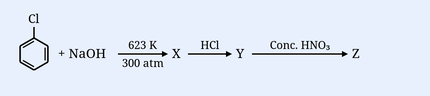 Reaction sequence. Leftmost: chlorobenzene (benzene ring with Cl substituent at top). Then ' + NaOH ' with an arrow labelled '623 K' above and '300 atm' below, leading to 'X'. Then an arrow labelled 'HCl' leading to 'Y'. Then an arrow labelled 'Conc. HNO3' leading to 'Z'.