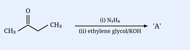 A ketone drawn as a zig-zag: CH3-C(=O)- with the carbonyl O drawn double-bonded on top, the carbon bonded to a chain ending in CH3 (skeletal butan-2-one). To its right a reaction arrow with '(i) N2H4' above and '(ii) ethylene glycol/KOH' below, pointing to 'A'.