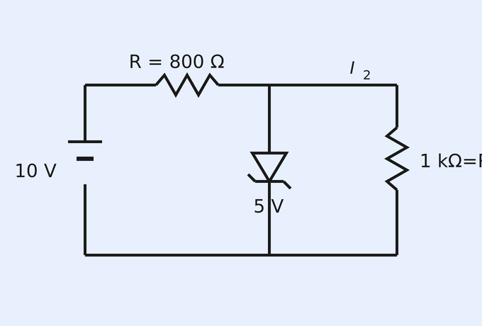 A Zener voltage-regulator circuit: a 10 V source on the left, a series resistor R = 800 ohm along the top carrying current I2, a 5 V Zener diode in the middle branch, and a load resistor R_L = 1 kilo-ohm on the right branch.