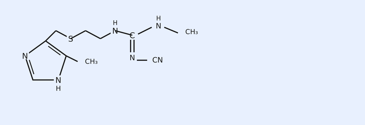 The structure of cimetidine: a 4-methylimidazole ring connected through a CH2-S-CH2-CH2 chain to an NH, then to a central carbon double-bonded to N-CN (cyanoimino) and single-bonded to an NH-CH3 group.