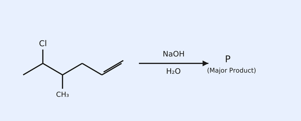A reaction scheme: the substrate CH3-CHCl-CH(CH3)-CH2-CH=CH2 (a chloro-substituted alkene with a methyl branch and a terminal vinyl group) reacts with NaOH in H2O to give the major product P.