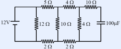 Circuit with a 12 V source connected to a ladder network of resistors. The top branch has 5 ohm, 4 ohm and 10 ohm resistors in series; the bottom branch has 2 ohm and 2 ohm resistors; vertical branches contain 12 ohm, 10 ohm and 4 ohm resistors, and a 100 microfarad capacitor is connected on the right side across the last vertical branch.