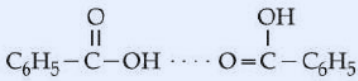 Dimerised form of benzoic acid in benzene shown as two benzoic acid molecules linked by hydrogen bonds: C6H5-C(=O)-OH ... O=C-(OH)-C6H5