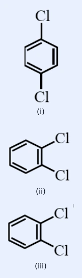 Three benzene rings, labelled (i), (ii) and (iii). (i) para-dichlorobenzene: chlorine atoms at the 1 and 4 (para) positions. (ii) ortho-dichlorobenzene: chlorine atoms at the 1 and 2 (ortho) positions. (iii) ortho-dichlorobenzene: chlorine atoms at the 1 and 2 (ortho) positions.