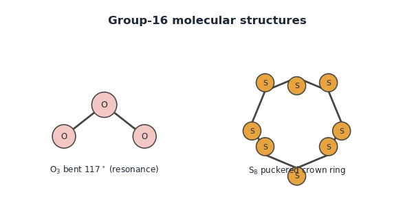 The bent O_3 molecule and the puckered S_8 ring.