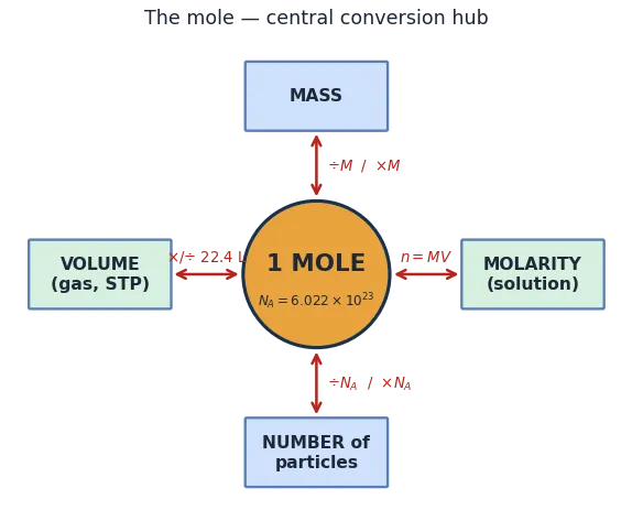 Hub-and-spoke diagram with 1 mole at the centre and conversions to mass, number of particles, gas volume and molarity