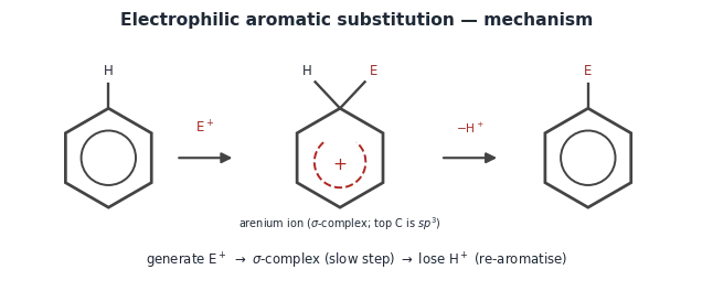 Benzene plus E+ gives the arenium ion, whose top carbon is sp3 and carries both H and E, with the positive charge delocalised over the other five carbons. Loss of H+ gives the substituted benzene with E bonded to the ring.