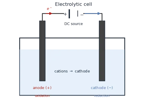 An electrolytic cell driven by a DC source with anode positive and cathode negative, cations moving to the cathode, beside Faraday's first law m equals M Q over n F and second law m1 over m2 equals E1 over E2