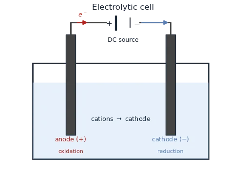 An electrolytic cell driven by a DC source with anode positive and cathode negative, cations moving to the cathode, beside Faraday's first law m equals M Q over n F and second law m1 over m2 equals E1 over E2