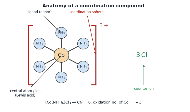 Annotated structure of hexaamminecobalt(III) chloride: a central Co atom bonded to six NH3 ligands inside the coordination sphere (square brackets, charge 3+), with three chloride counter ions outside; coordination number 6, oxidation number of cobalt +3.