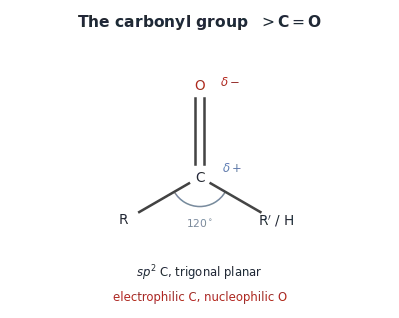 The carbonyl group: a trigonal-planar sp2 carbon at 120 degrees bonded to R and R' (or H), double-bonded to O, and polarised with delta-plus on C and delta-minus on O.