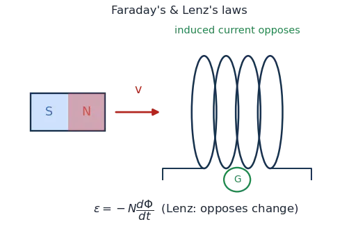 A bar magnet approaching a coil induces a current that opposes the magnet's motion