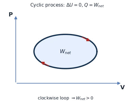 Closed loop on a P-V diagram; the enclosed area equals the net work done in one cycle