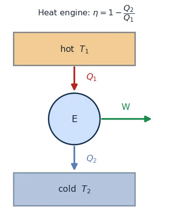 Heat engine: Q1 from hot reservoir, work W out, Q2 rejected to cold reservoir