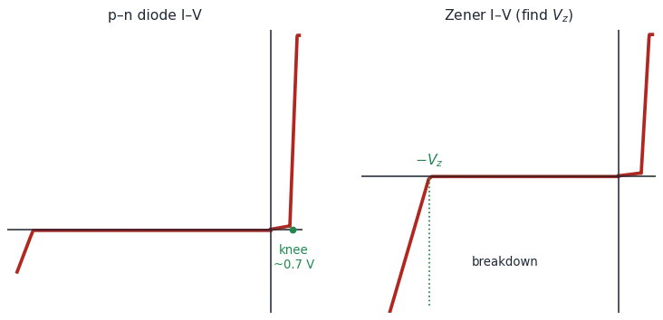 Left: p-n diode I-V with a forward knee near 0.7 V and tiny reverse current. Right: Zener I-V with a sharp reverse breakdown at minus Vz used to read off the breakdown voltage