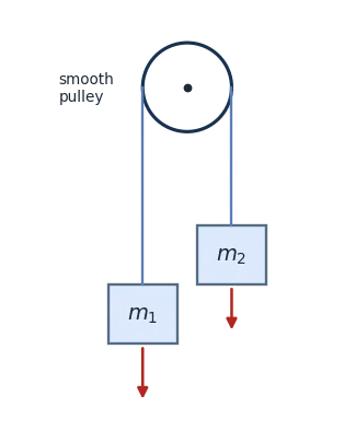 Atwood machine: masses m1 and m2 over a smooth pulley